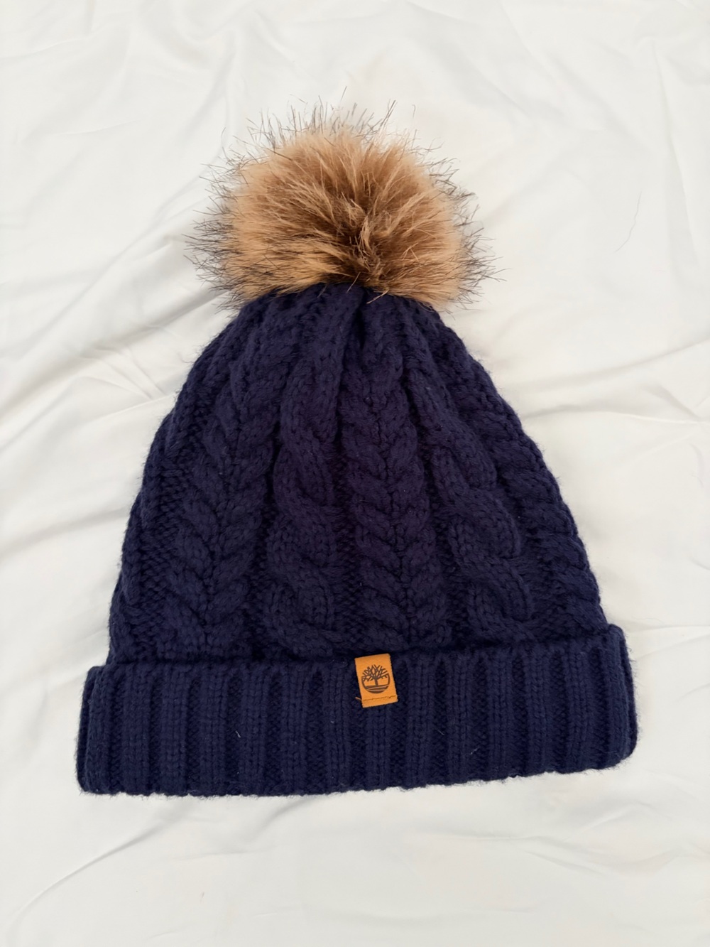 Timberland Kids Navy Cable-Knit Beanie with Faux Fur Pom